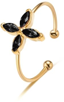 Joacii 14K vergoldet verstellbare offene schwarze Zirkonia Ringe Dark Zircon Four Leaf Clover Stacking Non Tarnish Ringe Statement Eheringe für Frauen