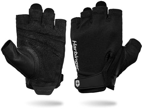 Harbinger Power Gloves 3.0 - Strapazierfähige Halbfinger-Gewichtheberhandschuhe mit verstellbarem Handgelenkverschluss, atmungsaktive Lederhandfläche, Herren, Schwarz, Größe S