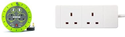 STATUS 2 Socket Cable Reel | 5m Green Extension Lead | 13A with Thermal Cut Out | Heavy Duty Outdoor Extension Lead | S5M13ACR3 & PRO ELEC PELB1510 2 Gang Extension Lead 3m, White