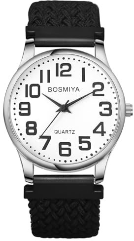 JewelryWe Damenuhr Geflochten Elastische Uhr: Einfache Analog Quarz Armbanduhr Damen Schwarz Gewebt Stretcharmband Lässige Uhr mit großen Zahlen Zifferblatt für Senioren ältere Menschen