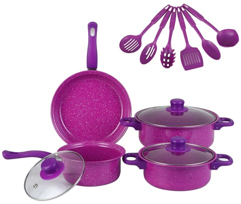 WXFKLDJ Violet, Batterie De Cuisine, 13 Pièces, Casseroles Et Poêles avec Ustensiles, Surface De Cuisson Antiadhésive sans PFOA, Résistante Aux Rayures, Compatible avec Toutes Les Cuisinières