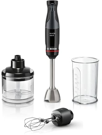Bosch ErgoMaster Pressure Controlled Speed 3 in 1 Hand Blender with Double Whisk, Mini Chopper and Beaker, Stainless Steel Blade, MSM4B624GB, 1000 W Motor, Black