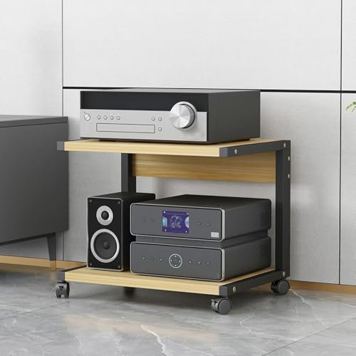 Modern 2 Tier Printer Stand with Wheels and Storage Shelves for Living Room AV Media Console Stand for Stereo and Audio Video Equipment Wooden Corner Entertainment Center with Stereo Racks a