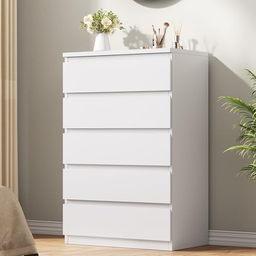 Jocoevol White 5 Drawer Dresser for Bedroom, 15 D x 23.7 W x 40.4 H in Simply Modern Chest of Drawers, Wood Storage Dresser with Deep Drawers for Living Room Hallway Entryway, White