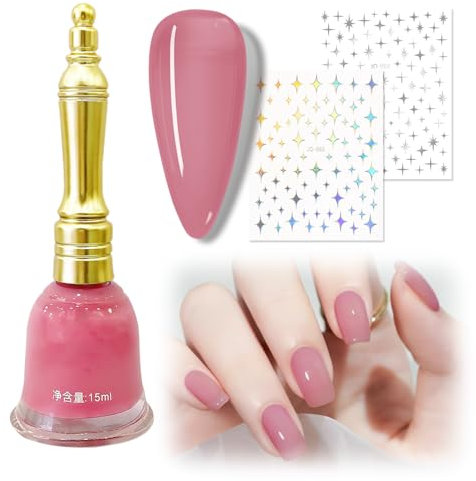 Pink Jelly Nail Polish – Natural Pink Jelly Nail Polish with Nail Sticker for DIY Nail Art – Quick Drying, No Need UV Lamp – Breathable, Long-Lasting, Chip-Resistant, Non-Toxic for Home Nail Salon