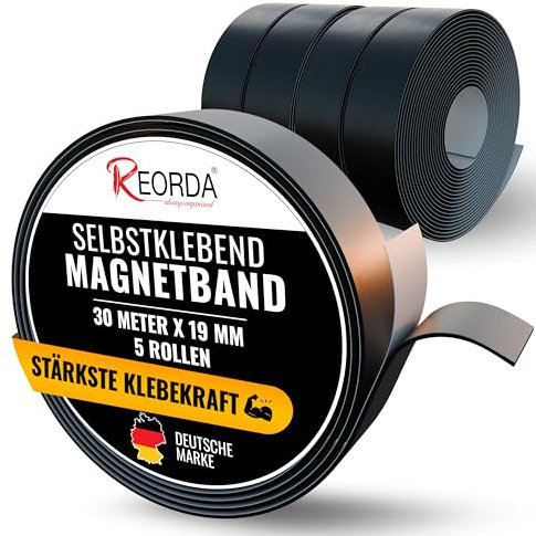 REORDA® Magnetband selbstklebend - [STARKER KLEBER] Magnetstreifen selbstklebend - Magnetklebeband mit optimierter Magnetkraft - Magnet Klebeband (30 Meter)