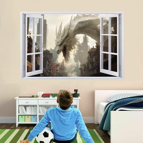 3D Wandtattoos Drachen Wandaufkleber Durchbruch Wanddeko Stadtstraße Selbstklebend Wandbild für Kinderzimmer Junge Teenager zimmer Schlafzimmer Wandsticker Kleinkinderzimmer Deko