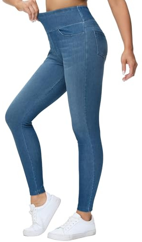 THE GYM PEOPLE Jeans Jegging Skinny Femme Taille Haute Élastique avec Contrôle du Ventre et Poches Confortable pour Le Yoga et Le Quotidien, Bleu Denim, XXL