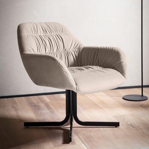 FineBuy Loungesessel Samt Beige mit Armlehnen, Cocktailsessel | Clubsessel gepolstert mit Metallbeinen und Rückenlehne, bequeme Sitzschale mit Bodenschonern, Polstersessel