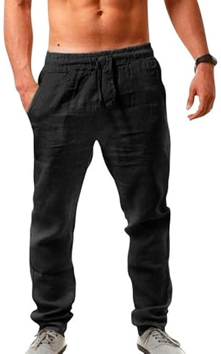 Litthing Mens Linen Trousers Casual Summer Pants Elasticated Waist Drawstring Trouser Men's Holiday Beach Pant with Pockets Lightweight Loose Fit Cotton Jogging Bottoms Black