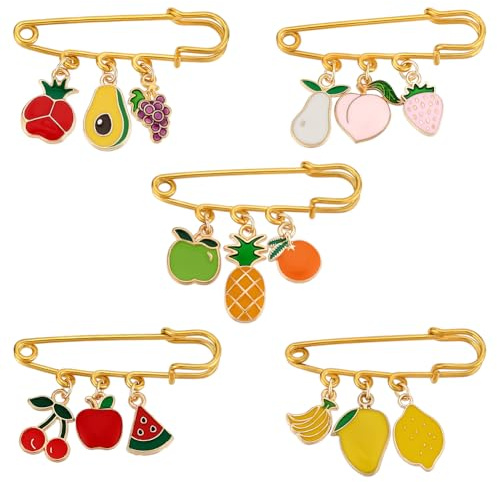 PH PandaHall 5 Stile Sicherheitsnadel Broschen 5pcs Obst Legierung Emaille Pins Pullover Schal Clips Orange Pfirsich Erdbeere Broschen Golden Iron Kilt Pin für Frauen Party Kleidung Kleid Dekoration
