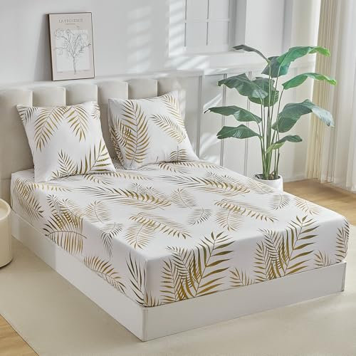 Tokokimo Spannbettlaken 160x200 cm 2 Personen, 35 cm große Mütze, mit 2 Kissenbezügen 65x65 - Weiches Mikrofaser-Spannbettlaken mit Tropenblatt-Muster, Weiß