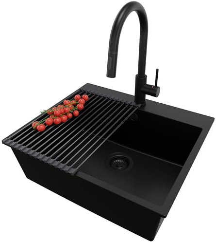 PRIMAGRAN Lavandino da Cucina Tutto Nero 58x50cm, Lavello in Granito a 1 vasca + Rubinetto 40x20cm + Set di accessori, Lavabo Incasso al mobile 60cm - Riga S221