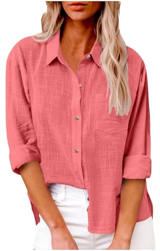 Yolimok Womens Long Sleeve Tops Casual Blouses Button Down Linen Shirts Collared Loose Oversized Summer Tops Dressy Blouses for Women UK Office Work Ladies Top Plus Size 8-22