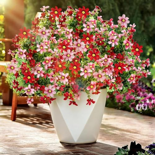 Artificial Flowers Outdoor Fake Flower 4 Bundles Pink Faux Silk Daisy | Realistic Faux Plants Flower Bulk UV Resistant for Outside Indoor Porch Patio Window Box Planter Home Decor