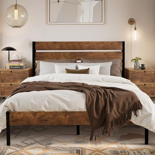 VECELO Bettgestell 140 x 200 cm, Metallbett mit Dick Holzkopfteil und Lattenrost, Doppelbett mit Stauraum unter dem Bett, perfekt für Schlafzimmer, Braun