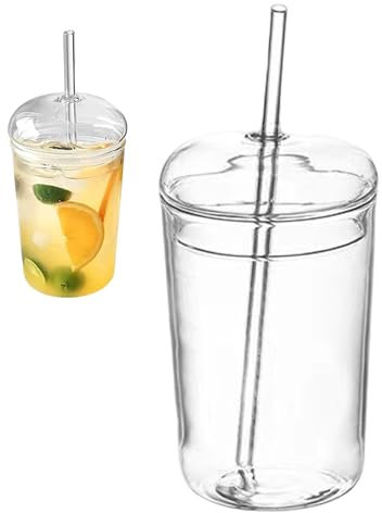 Pineeseatile Glass Tumbler, 16Oz Glass Tumbler Borosilicate Dome Lid Cup Transparent Large Capacity Water Cup with Lid Clear Juice with Straw