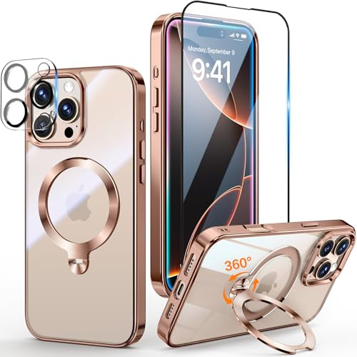 Yoouther 3 en 1 Funda Magnética para iPhone 16 Pro MAX 6.9 [360° CD Soporte Invisible para MagSafe] [con Protector Pantalla & Cámara] [Nunca Amarillo] Protección Militar Antigolpes, Titanio Desierto