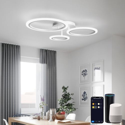 LED Smart Deckenleuchte Modern im Ring-Design Dimmbar, WiFi Deckenlampe CCT 3000K-6500K für Kleine Räume, Kompatibel mit Alexa, Google Home & App, inkl. Fernbedienung, Weiß