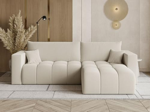 GRAINGOLD Neva L Ecksofa modern mit Bettfunktion, 280x170 cm, L-Form Sofa, Schlafcouch für Wohnzimmer, Bouclé-Stoff, 3-Sitzer Eckcouch, Ecksofa mit Bettkasten (Beige)