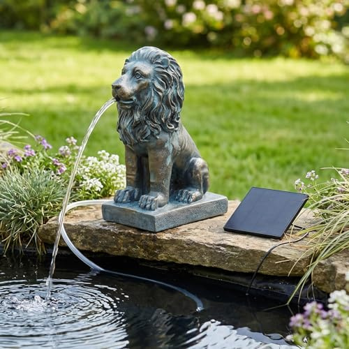 Wasserspeier Solar mit Pumpe – Teichfigur Löwe mit Solarpumpe & Wasserspiel – Gartendeko aus Polyresin in Bronze-Optik – Solarbrunnen für Gartenteich & Wasserlauf 21×10×13 cm