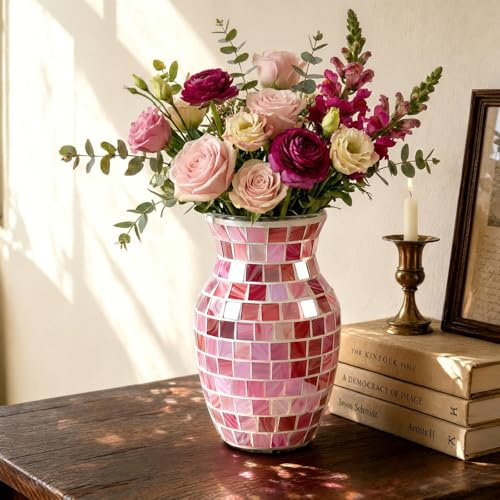 Vase Pink, Glasvase für Blumen, Boho Vase Bunt, 20x 14x 9cm