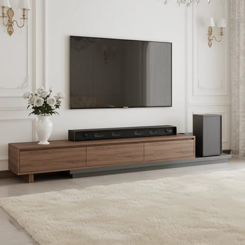TFFCIC Extendable TV Unit for Living Room, 200-330cm Long Floor Standing TV Stand Cabinet with 3 Drawers for 65 75 85 100 Inch TVs (Walnut + Dark Grey)