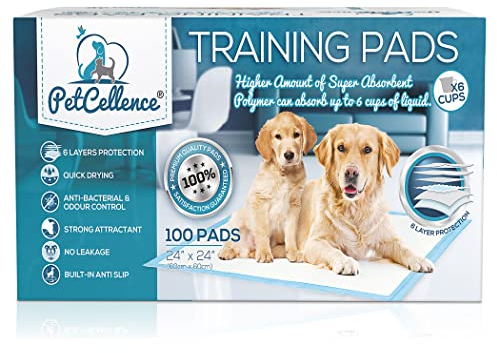 PetCellence Puppy Pads 100 Pack, Super Absorbent Pet Dog Training Pads Large 60 x 60cm with Anti-Slip Adhesive Tabs, Eliminate Odour, Leak-Proof Floor Protection Toilet Pee Mat