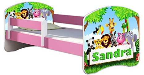 Kinderbett Jugendbett mit einer Schublade und Matratze Rausfallschutz Rosa 70 x 140 80 x 160 80 x 180 ACMA II (01N Zoo name, 80 x 180 cm)