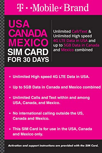 T-Mobile Marke USA, Kanada, Mexiko Prepaid-Reise-SIM-Karte Unbegrenzter Anruf/Text und unbegrenzte 4G LTE-Hochgeschwindigkeitsdaten in den USA für 30 Tage