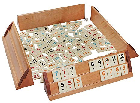Holz Rummy Set mit 4 Halterungen von ESER, Türkisches Rommé (Okey Oyunu), Gesellschafts- und Familienspiel, Frontplatten und Spielsteinen für maximal 4 Personen, Aufstellbretter für Rummy