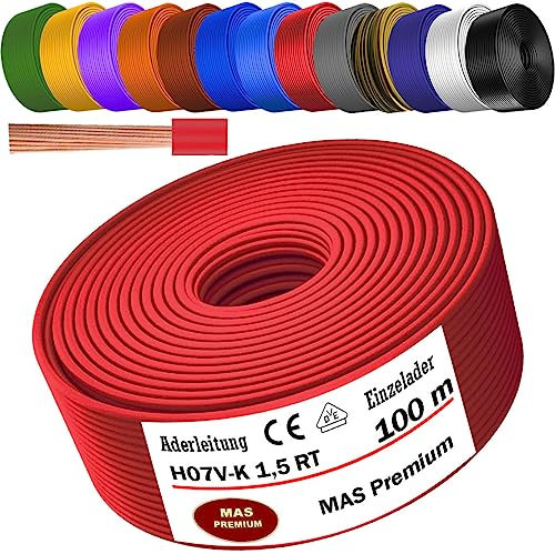 MAS Premium Cavo da 5 a 100 m H07 V-K 1 x 1,5 mm² SW HBL GNGE GN RT DBL BR OR GR WS VIO U-MAR.BL RS RTWS DBLWS o GE singolo, flessibile (rosso, 100 m)