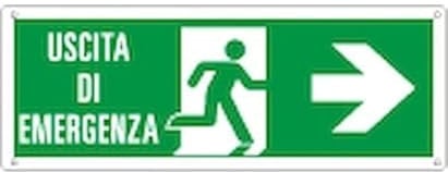 NEW CARTELLO SEGNALETICO UNI - Cartello con scritta 'uscita di emergenza destra' - Adesivo Extra Resistente, Pannello in Forex, Pannello In Alluminio (ADESIVO 30X12 cm)