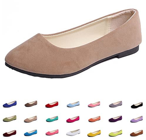 Hwalleum Women's Ballet Flats, Womens Simple Casual Flat Shoes Solid Color Pumps Ladies Girls Dolly Ballet Ballerina Work Smart Office Formal Comfort Pointed Toe Slip On Flats Shoes Khaki