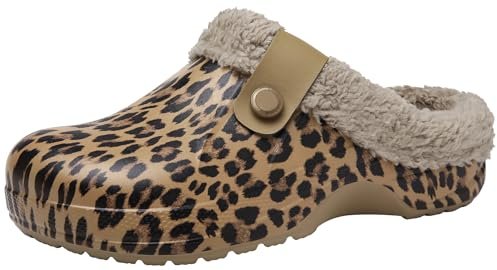 ChayChax Damen Clogs Gefüttert Herren Winter Hausschuhe Wasserdicht Warme Pantoffeln Plüsch Pantoletten Rutschfeste Outdoor Winterschuhe, Leopard, 40/41 EU
