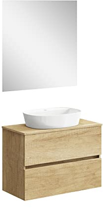 Baikal Onyx Badezimmerschrank, montiert, 2 Schubladen, Badezimmermöbel mit Waschbecken, Hängeschrank, Wandschrank, Keramikwaschbecken, inkl. Spiegel, 80 cm Nature