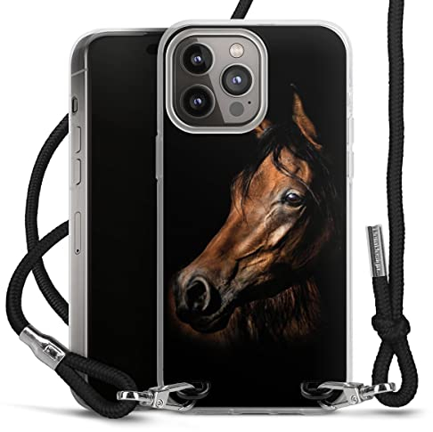 Carry Case kompatibel mit Apple iPhone 14 Pro Max Hülle mit Band Handykette zum Umhängen schwarz Pferd Hobby