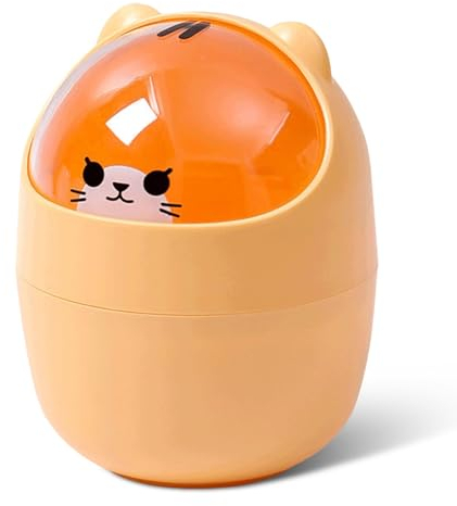 Mignon Mini Poubelle de Bureau, Petite Poubelle avec Couvercle Cartoon Chat Animal Forme Poubelle avec Couvercle à vis Poubelle Mini comptoir Poubelle avec Couvercle Poubelle de Table (Jaune)