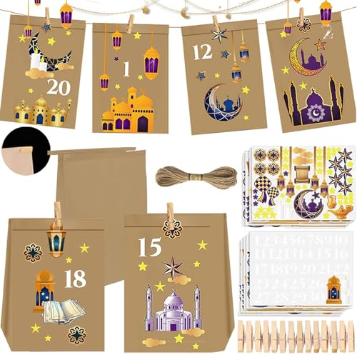 Eid Mubarak Geschenktüten,30 Stück Eid Mubarak Papiertüten Tüten Dekoration,Ramadan Tüten Zum Befüllen,DIY Ramadan Candy Tasche für Islamischen Muslim Eid Party mit 36 Clips,Aufkleber,2mm * 10m Schnur