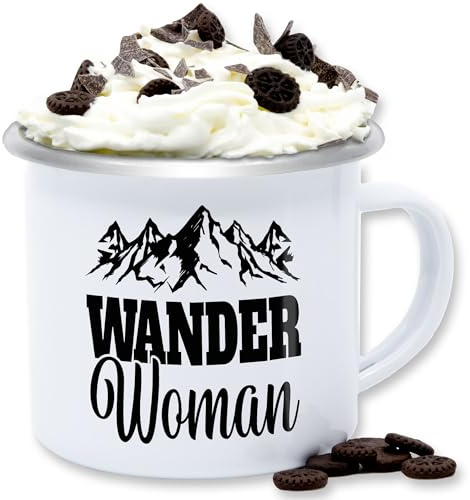 Emaille Tasse Blechtasse - Deko Hobby - Wander Woman - Geschenk für Wanderin - 300 ml - Weiß Silber - berg becher berge tassen wandern kaffeetasse wanderer blechtassen statement wanderwomen