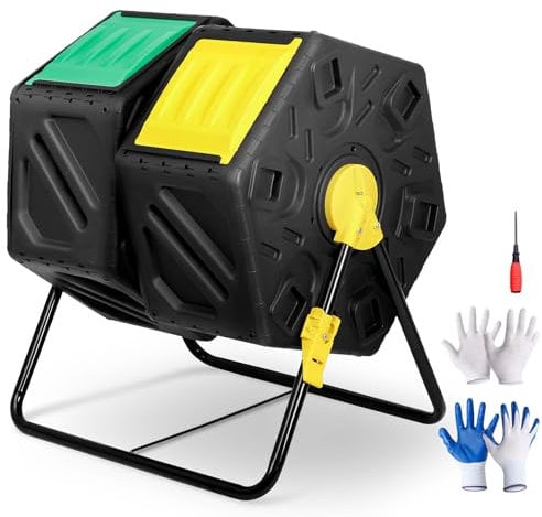 HomGarden Dual Chamber Compost Tumbler for Garden and Outdoor, 37 Gallon High Volume Composter with 2 Sliding Doors, Black