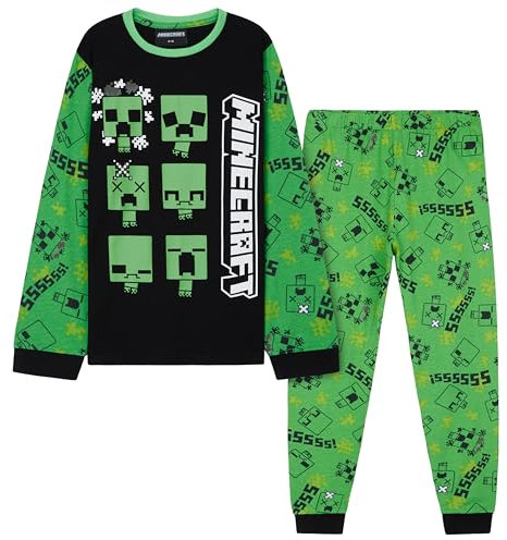 Minecraft Ensembles de Pyjama Garçon, Pyjama Enfant Garcon Coton Hiver Ensemble Enfant Ado 7-14 Ans (Vert/Noir, 9-10 Ans)
