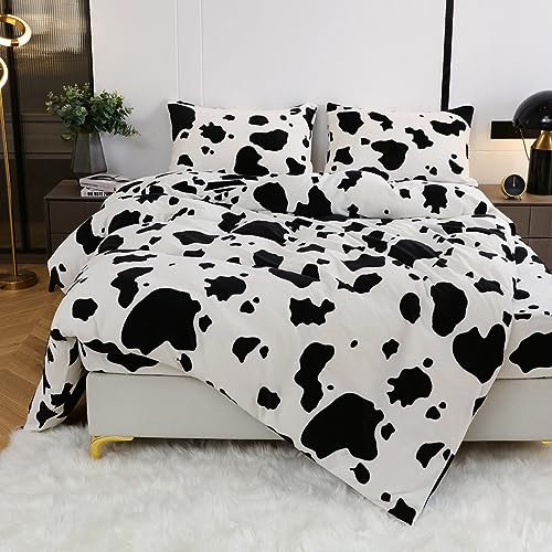 Luofanfei Winter Warme Bettwäsche 135x200 4teilig Frottee Cashmere Touch Plüsch Fleece Flauschige Bettwäsche Schwarz Weiß Kuhmuster Kinder Samt Winterbettwäsche Bettbezug 135 x 200 mit Reißverschluss