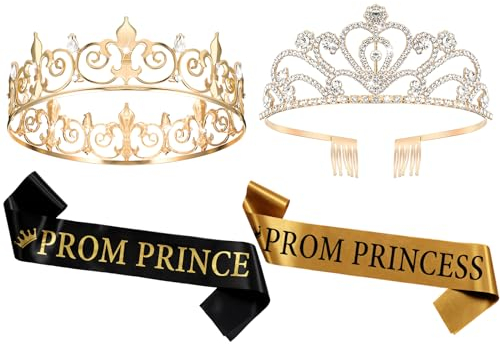 Saintrygo Prom Prinz und Prinzessin Krone Set mit Schärpen 80er Jahre Abschlussball Party Gastgeschenke für Halloween Cosplay 2024 Abschlussfeier, Legierter Stahl
