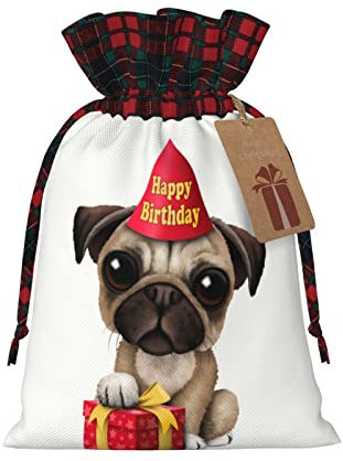 LAMAME Niedliche Happy Birthday Mops-Welpe gedruckt Weihnachten Kordelzug Geschenktüten mit Kraft Etiketten Geschenkpapier Taschen