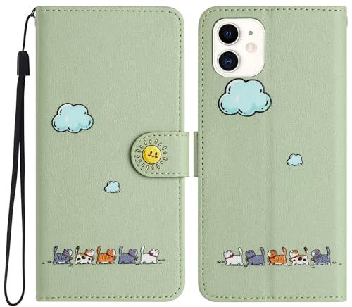 Tivenfezk Nadoli Mignon Chat Nuage Coque pour iPhone 12 Mini,Housse Etui Cuir PU Portefeuille Dessins Animés ave Fonction Support Magnétique Béquille Porte Cartes Case