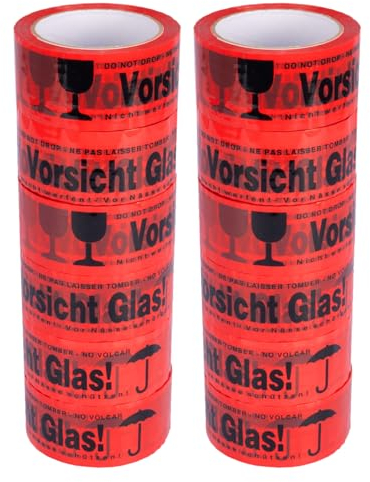 verpacking PP Klebeband 50 mm x 66 m Vorsicht Glas [Ausführung, Farbe & Stückzahl wählbar] Standard abrollend Paketklebeband Packband Verpackungsklebeband 12 Rollen