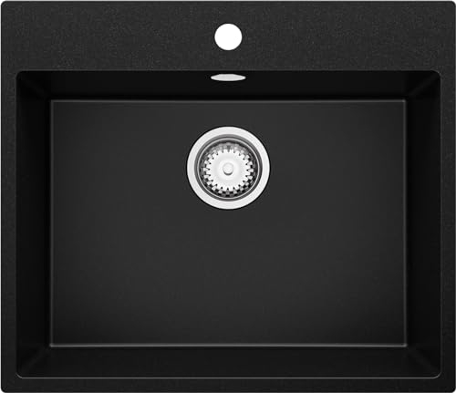 PRIMAGRAN Evier Cuisine en Granit Noir 58x50cm, Lavabo 1 bac + Kit de Vidage, Évier à Encastrer au meuble 60cm - Riga