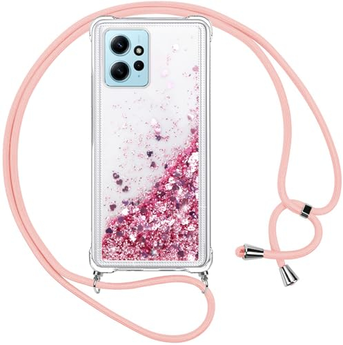 Vauki Coque pour Xiaomi Redmi Note 12 4G avec Cordon, Paillette Liquide Transparent Crystal Glitter Housse, Protection Antichoc Silicone TPU Bumper Case,Réglable Collier pour Redmi Note 12 4G, Rose
