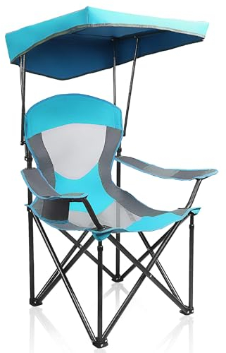 HIGH POINT SPORTS Silla de camping plegable con toldo hasta 160 kg, silla de pesca plegable con sombrilla y soporte para bebidas, silla plegable con techo para exteriores, playa, terraza